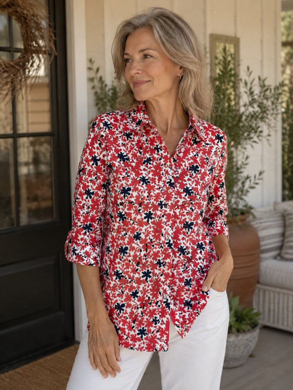 Chico's Floral Button Front Shirt Red White Navy 3/4 Sleeve Stretch Cotton 0.5 S